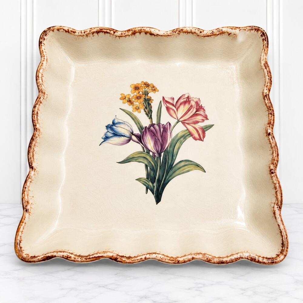 Floral Trinket Dish Ceramic Iris Scalloped Edge Jewelry Ring Vanity Tray 8.5"